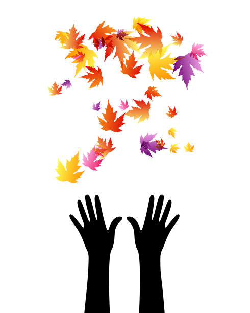 手中飞舞着五颜六色的秋叶。矢量装饰从分散的元素。色彩斑斓的孤立的剪影。概念说明。图片下载