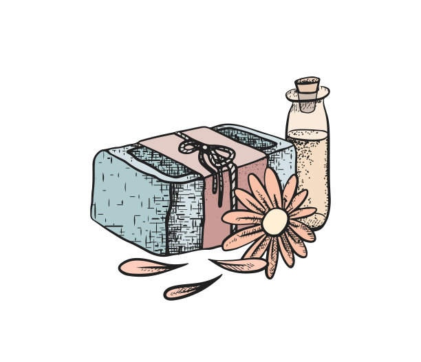 矢量彩色插图手工肥皂与金盏花，花瓣，瓶油。从背景中隔离的对象。手绘图纸与孵化图片下载