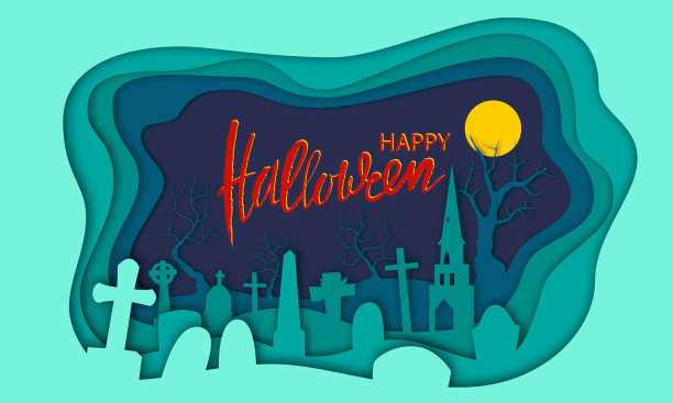 万圣节快乐。黑色的旗帜与剪影老墓地图片下载