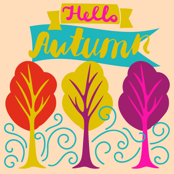 可爱的Hello Autumn卡片与树木，风，字母。矢量插图。图片下载