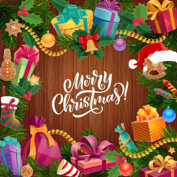 圣诞树花环与礼物的木材背景图片下载