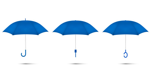 矢量3d现实渲染蓝色空白伞图标设置特写孤立在白色背景。设计模板的打开伞模型，品牌，广告等。顶视图和前视图图片下载