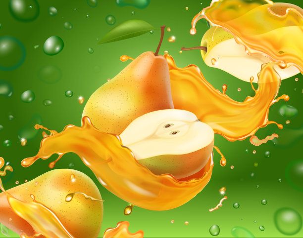梨汁与黄色的果汁溅在绿色背景现实的矢量插图广告图片下载
