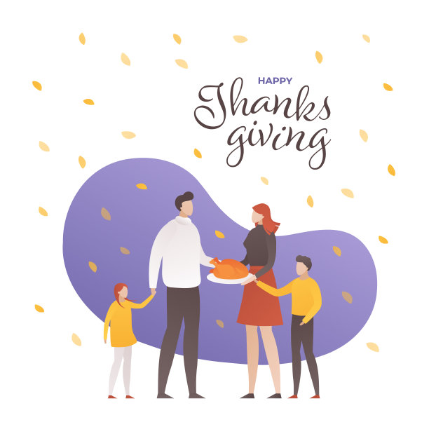 感恩节人们横幅。家庭与火鸡下落叶插图。图片下载
