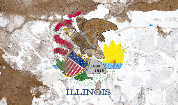 伊利诺斯垃圾，损坏，刮伤，墙上挂着旧风格的州旗。图片下载