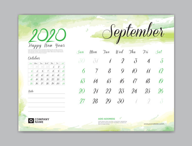 2020年模板日历，9月，2020年书桌日历，从周日开始，计划设计，文具，商业印刷，水彩背景，矢量eps10, 8 × 6英寸大小图片下载