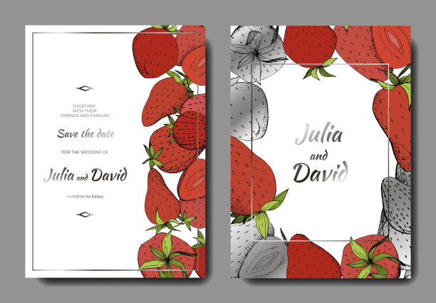 载体草莓新鲜水果健康食品。红绿镌刻水墨艺术。婚礼背景卡。图片下载