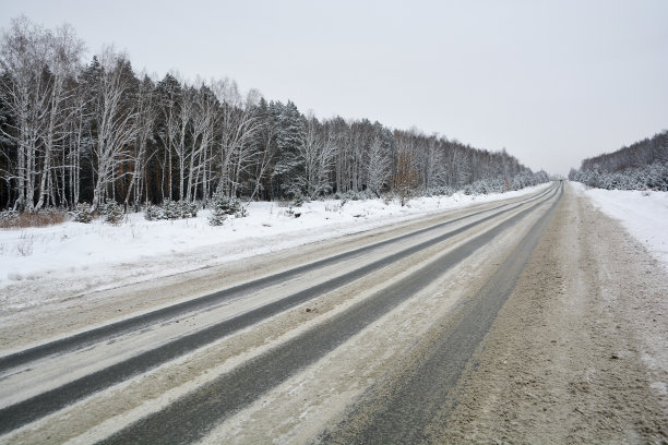 俄罗斯北部松树和桦树林中的雪冬公路图片下载