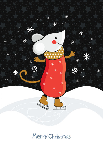 圣诞或新年贺卡在矢量。在星空的背景下，卡通老鼠在雪堆上滑冰。可爱的老鼠参加冬季运动。有趣的动物在冬天玩耍。花样滑冰。手绘。北欧风格。图片下载