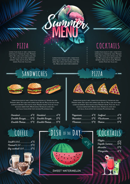 夏季菜单设计与火烈鸟和热带树叶。餐厅的菜单图片下载