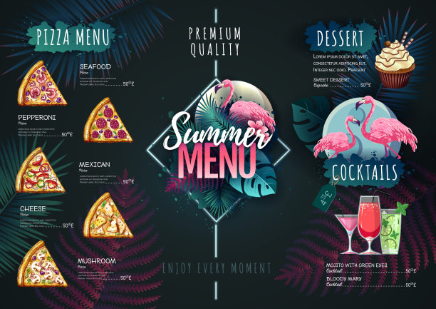 夏季菜单设计与火烈鸟和热带树叶。餐厅的菜单图片下载