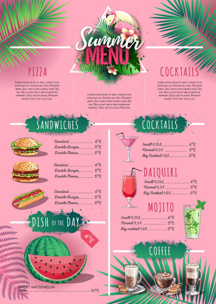夏季菜单设计与火烈鸟和热带树叶。餐厅的菜单图片下载
