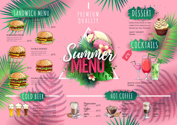夏季菜单设计与火烈鸟和热带树叶。餐厅的菜单图片下载