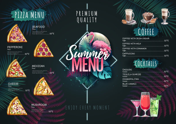 夏季菜单设计与火烈鸟和热带树叶。餐厅的菜单图片下载
