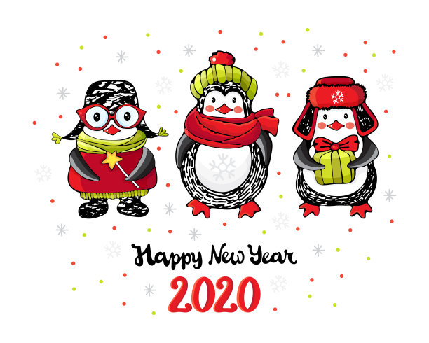 圣诞和新年卡片或横幅。可爱的卡通企鹅在冬天的衣服祝圣诞快乐。题词新年快乐。2020. 有趣的动物在向量。涂鸦。冬季圣诞插图。图片下载