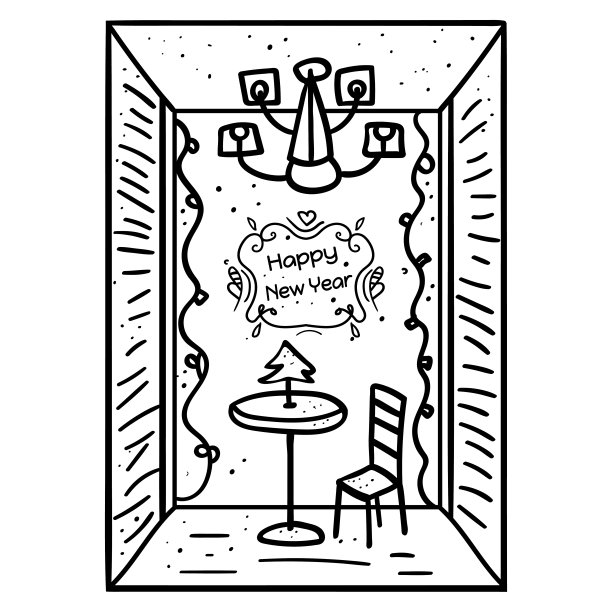 咖啡馆或餐馆窗户周围的花环。涂色页或书，抗压力，爱好。窗外是冬天。假期。——向量。矢量图图片下载