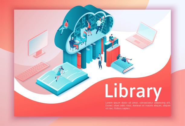 在线图书馆等距登陆页面，人们在笔记本电脑、智能手机、小工具、云计算技术、网站模板设计上阅读书籍图片下载
