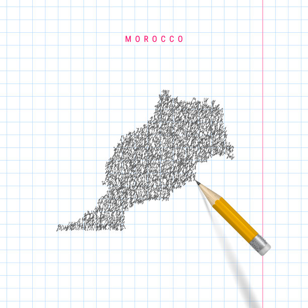 摩洛哥素描涂鸦矢量地图绘制在方格学校笔记本纸的背景上图片下载