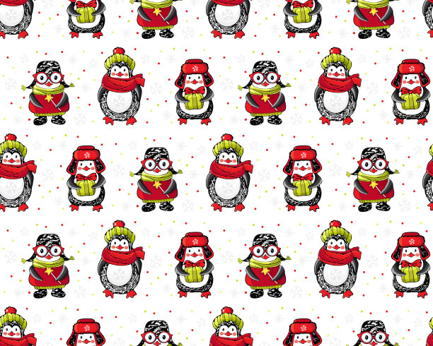 圣诞和新年无缝模式。可爱的卡通企鹅在冬天的衣服在白色的背景下的雪花。冬季背景与有趣的动物在向量。涂鸦。冬天的插图。图片下载