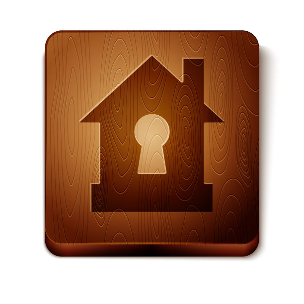 棕色房子在保护图标孤立在白色背景。保护、安全、保障、保护、防御的理念。木制方形按钮。矢量图图片下载