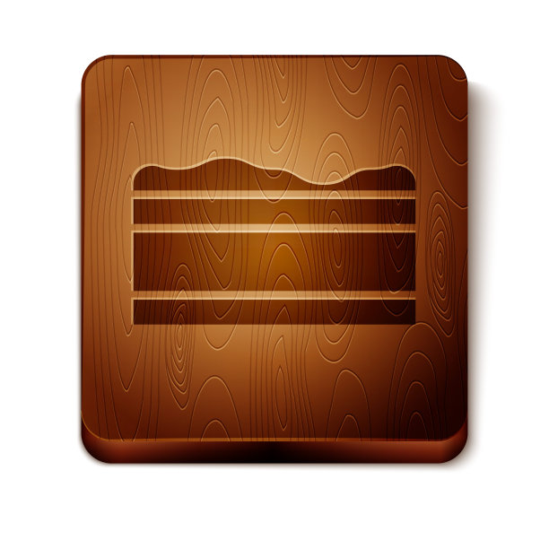 棕色布朗尼巧克力蛋糕图标孤立在白色背景。木制方形按钮。矢量图图片下载