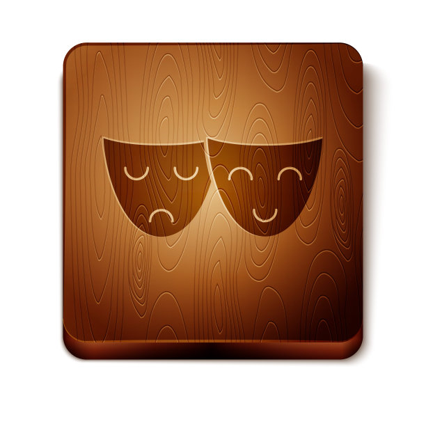 棕色喜剧和悲剧戏剧面具图标孤立的白色背景。木制方形按钮。矢量图图片下载