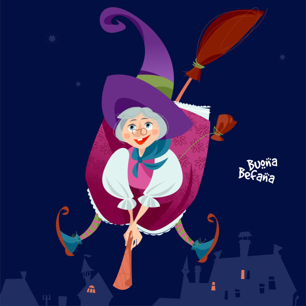 贝法娜：骑着扫帚飞行的老妇人，意大利圣诞节传统图片下载