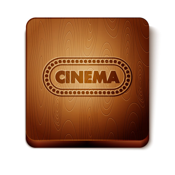 布朗电影海报设计模板图标孤立在白色的背景。电影时代概念横幅设计。木制方形按钮。矢量图图片下载
