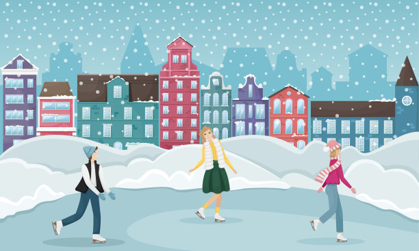 人们在冬天溜冰。冬季城市景观与欧洲房屋和雪。冬季娱乐。平面向量插图。图片下载