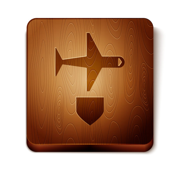 棕色飞机与盾牌图标隔离在白色背景。飞机飞行。飞机保险。安全、安全、保护、保护理念。木制方形按钮。矢量图图片下载