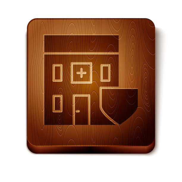 棕色的医院建筑，盾牌图标孤立在白色背景上。医疗保险。安全、安全、保护的理念。木制方形按钮。矢量图图片下载