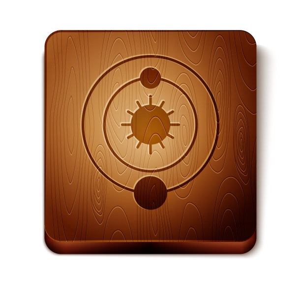 棕色太阳系图标孤立在白色背景上。行星围绕恒星旋转。木制方形按钮。矢量图图片下载
