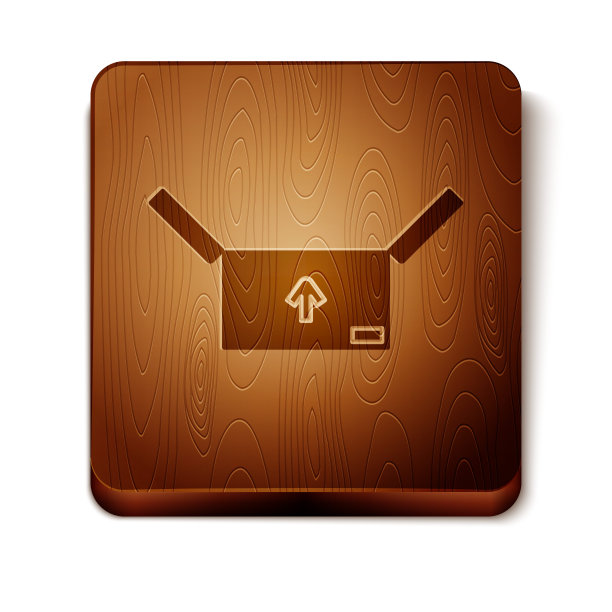 棕色纸板箱与交通标志图标孤立在白色背景。盒子，包裹，包裹标志。交付、运输和运输。木制方形按钮。矢量图图片下载