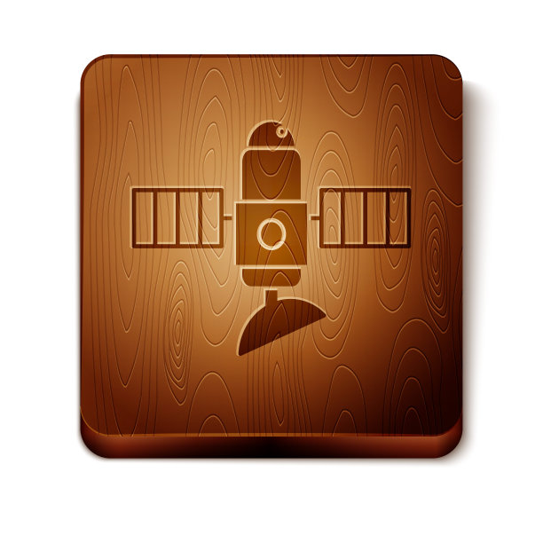 棕色卫星图标孤立在白色背景。木制方形按钮。矢量图图片下载