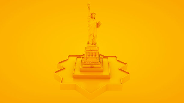 自由女神像孤立在黄色背景上。三维演示图片下载