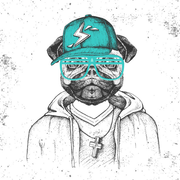 时髦的动物哈巴狗戴着饶舌歌手的帽子。手画哈巴狗的嘴套图片下载