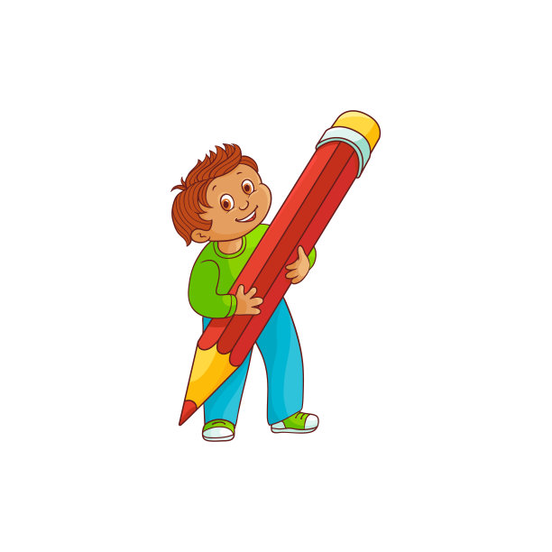 一个手里拿着大铅笔的男生孤立地站在白色的背景上。图片下载