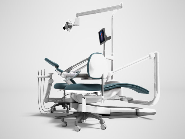 牙科单位和设备的办公椅的牙医和助理助理高椅子3d渲染在灰色的背景与阴影图片下载