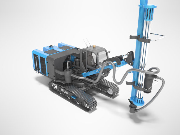 蓝色自行式钻机的建设和铺设履带式轨道安装magestralia 3d渲染在灰色背景与阴影图片下载
