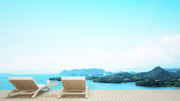 海滩休息室与海景在酒店或度假村在夏季-居住区域和岛屿的假日或度假艺术品- 3D渲染图片下载