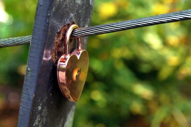 漂亮的铁锁呈心形，挂在铁丝上图片下载