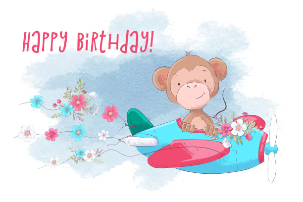可爱的卡通猴子在飞机上与花在水彩画的背景。矢量图图片下载