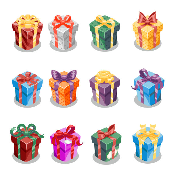 卡通圣诞礼物礼品盒丝带新年设计图标集模板矢量插图图片下载