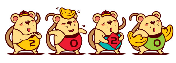 色彩鲜艳的中国豆豆服装上的2020年卡通可爱的老鼠。可爱的老鼠与金色和红色的标志纸中国新年。鼠年。——矢量图片下载