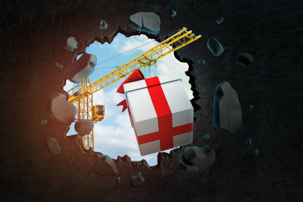 起重机搬运红色礼盒穿透黑色墙壁的3D渲染图片下载