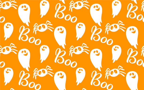 幽灵，蜘蛛和嘘的无缝图案。白色上的橙色万圣节派对邀请，恶作剧和对待织物，可怕的鬼事件贺卡，海报，横幅，幽灵矢量卡通滑稽的恶作剧鬼图片下载