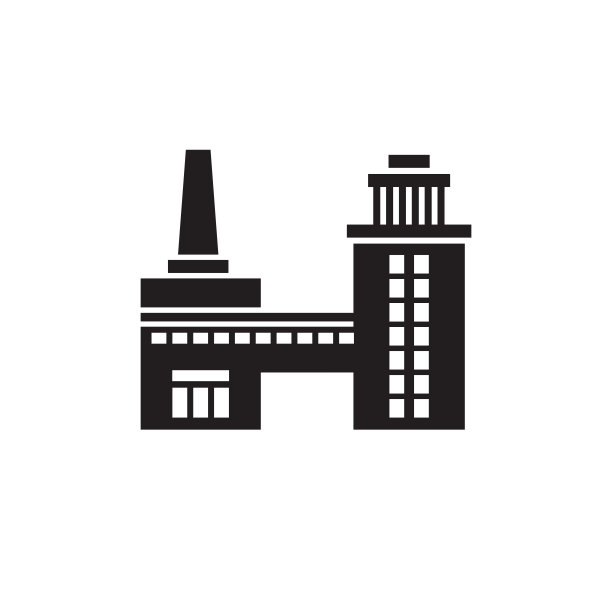 工厂工厂-黑色图标上的白色背景矢量插图为网站，移动应用程序，演示，信息图。工业建筑概念标识。图片下载