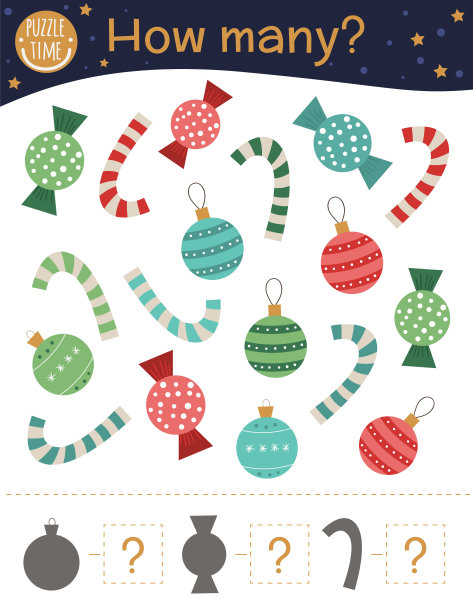 圣诞数球游戏，糖果手杖，糖果。学前儿童冬季数学活动。多少对象工作表。益智谜语与可爱有趣的图片。图片下载