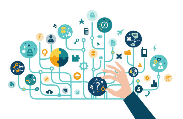 商人按下启动按钮。新业务。由沟通图标组成的迷宫。业务概念说明。图片下载