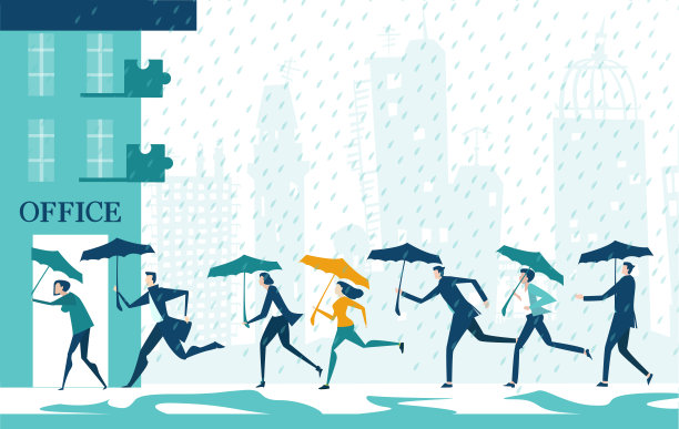 商务人士在雨中奔向办公大楼。人们撑着雨伞走在城市的街道上。图片下载